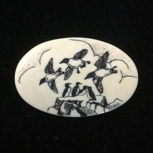 Vintage 1960s Bird Scrimshaw Brooch | Mid-Century Modern Jewelry Pin